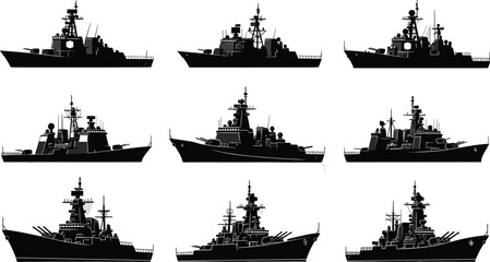 attleship silhouettes, naval warship icons, military vessel, defense illustration, navy ship design, armed forces graphic, ocean fleet, combat, maritime, security © Md Shahedul