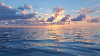 Fototapeta premium Tranquil ocean sunset with vibrant clouds reflected on water surface.