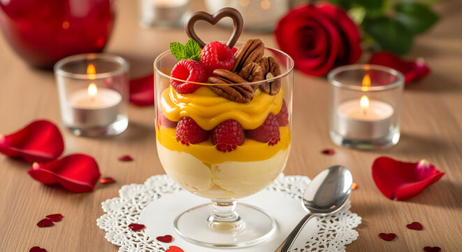 Valentine's Day raspberry mango parfait with pecans in crystal glass on red velvet background with candles
