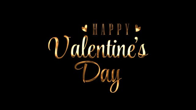 4K Happy Valentine's Day Text Animation with Luxury 3D Gold Metallic Lettering. Animated Golden Text with Hearts on Transparent Background for Festive Greetings.