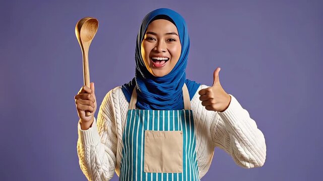 Smiling Muslim woman in hijab holding wooden spoon and giving thumbs up.