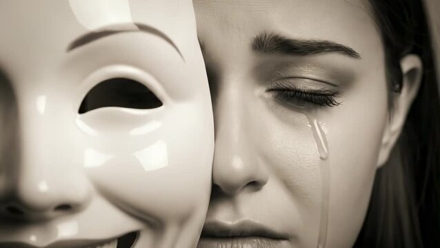 Sad woman crying while hiding her grief behind a happy smiling mask to conceal her true emotions