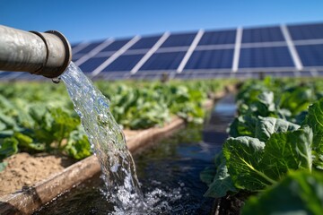 Solar-Powered Crop Irrigation. Solar panels power irrigation system supplying water to crops in a sustainable farming location during the afternoon sunlight