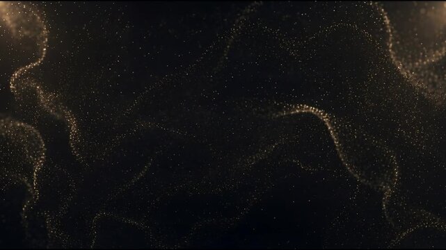 Gold particle background with ultra fine dust waves flowing smoothly through deep black space creating calm elegant depth gentle parallax and cinematic luxury motion