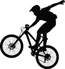 Fototapeta premium BMX cyclist silhouette vector illustration, extreme bicycle stunt rider performing trick isolated on white background urban sport action design graphic