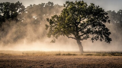A lone tree stands bathed in the soft ethereal glow of dust-filled morning mist creating a hazy atmosphere over a dry field