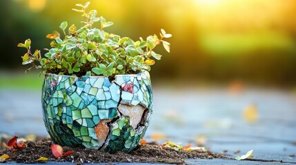 A severely cracked mosaic ceramic pot holding a small green plant outdoors with sunlight in the background
