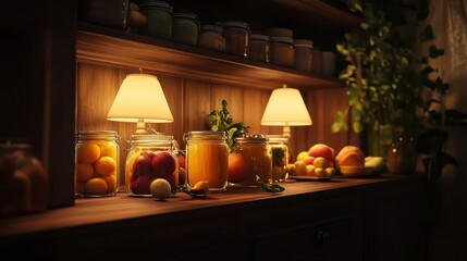 Obraz premium An array of preserved fruits and vegetables in glass jars displayed on wooden shelves with warm lighting in a kitchen setting