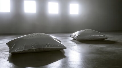 Bags of powdered disinfectant rest on a clean floor in a brightly lit room with square windows