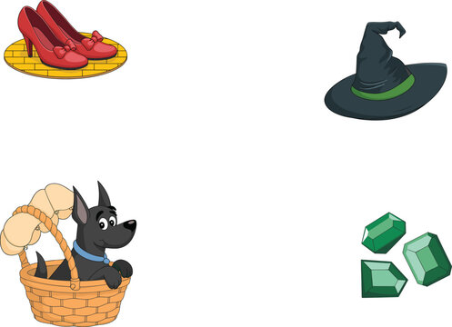 Wizard of Oz icons, ruby slippers illustration, witch hat vector, dog in basket art, emerald gemstone design, fantasy concept graphic