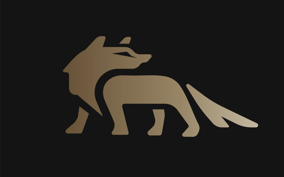 Coyote with striking, geometric, modern, logo design walking forward, looking back. Built from sharp, clean shapes, symbolizes awareness, resilience, and strategic vision.