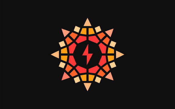 Star or sun emblem with electricity symbol at its center, crafted from an abstract mosaic with sacred pattern influences. The design fuses energy, power, and symbolism into a bold, modern identity.