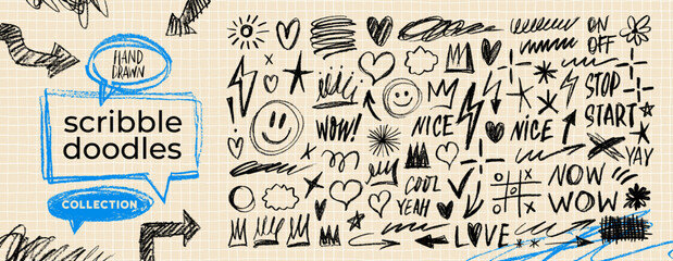 Fototapeta premium Scribble doodle note elements collection. Crayon drawn doodle childish illustration for hand drawn note, journaling and funky design. Texture sketch shapes and lines, handwritten lettering.