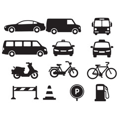 Vehicle and Road Transport Vector Icon Set Silhouettes and Line Art