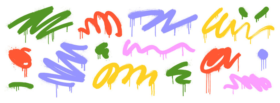Funky colorful squiggle spray paint brush strokes set. Graffiti or punk style squiggly lines, ink splatters and drops. Isolated png clip art. Street art or urban design elements, curly brush strokes.
