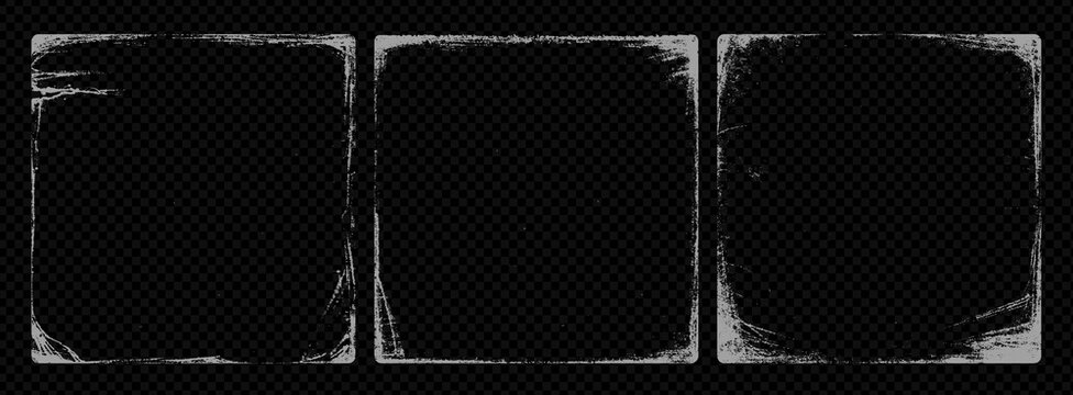 Old scratch vinyl cover overlay texture template set on dark transparent background. Hand drawn vector scratch worm texture for rough tear and dust effect. Album cover vintage frame overlay.
