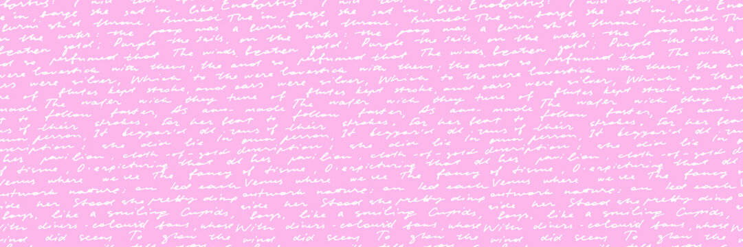 Vintage handwriting script seamless pattern on pink background. Cursive English calligraphy illegible text. Doodle pen poetry page background. Hand drawn antique cursive style wrapping paper.