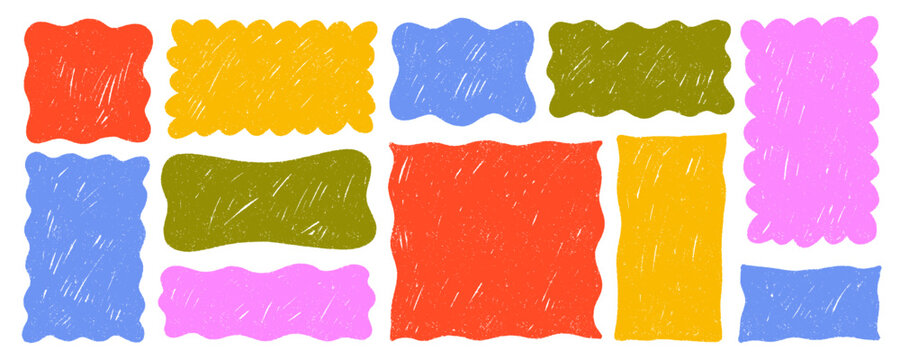 Funky wavy rectangles and square with crayon or pencil texture. Hand drawn empty text boxes, square and rectangular shapes with wiggly and wavy border. Playful frame shapes for text.