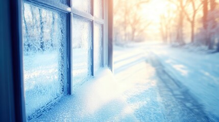 Intricate frost patterns spread across a cold winter windowpane with sunlight illuminating the snowy outdoor scene