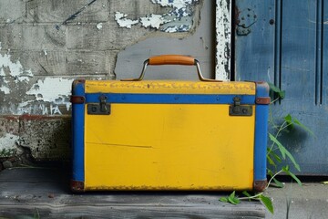 Vintage suitcase with yellow and blue paint sits on wooden plank in front of weathered wall and blue door