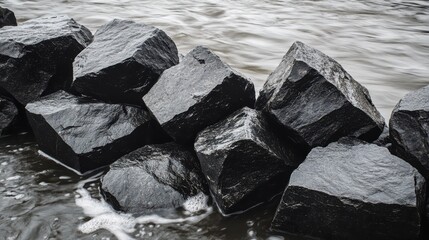 Jagged black obsidian rocks form a natural barrier against the gentle waves of the sea creating a striking coastal scene with dark textures and natural beauty
