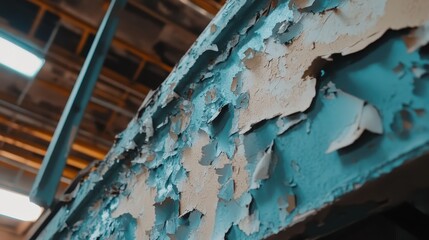 Peeling and decaying paint on an old weathered surface showing distress and texture in an abandoned interior structure