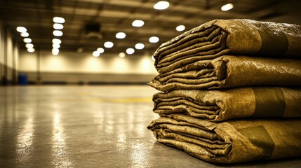Pile of folded emergency blankets stacked neatly on a concrete floor in a large illuminated storage facility