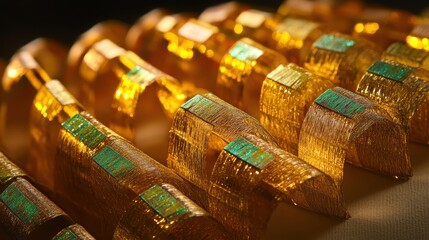 Rows of tightly wrapped gold metallic objects with shimmering textured surfaces