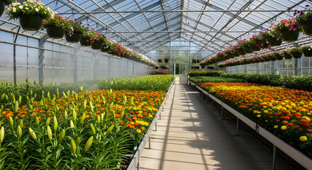 Rows of colorful flowers bloom inside modern greenhouse structure. Green stems, buds of lilies grow, marigolds, plants cultivated in pots overhead. Sunlight streams through glass ceiling
