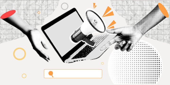 
Halftone pop art hands using smartphone and megaphone with search bar communication concept, vector illustration