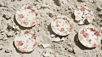 Shattered floral ceramic plates scattered amongst debris and dirt creating an antique aesthetic