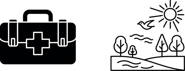 First aid kit and nature scene