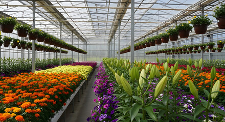 Rows of colorful flowers bloom inside modern greenhouse structure. Green stems, buds of lilies grow, marigolds, plants cultivated in pots overhead. Sunlight streams through glass ceiling