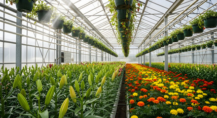 Rows of colorful flowers bloom inside modern greenhouse structure. Green stems, buds of lilies grow, marigolds, plants cultivated in pots overhead. Sunlight streams through glass ceiling