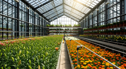Rows of colorful flowers bloom inside modern greenhouse structure. Green stems, buds of lilies grow, marigolds, plants cultivated in pots overhead. Sunlight streams through glass ceiling