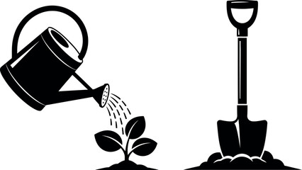 Watering a plant with watering can and shovel