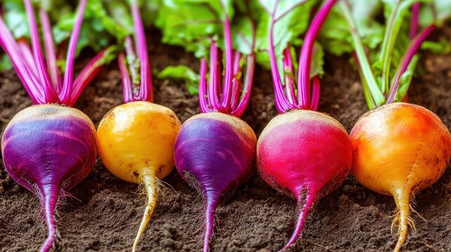 Three brightly colored heirloom beets with vibrant green tops growing in dark rich soil