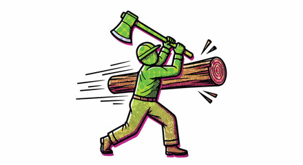 Lumberjack chopping wood with axe, dynamic illustration of a worker in action, concept of hard work and industry
