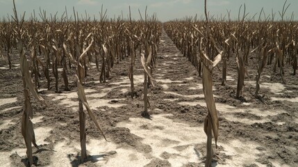 Withered corn stalks reach skyward in a dry and desolate agricultural field under soft daylight