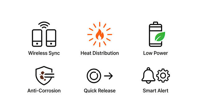 The combination of wireless and warning icons represents wireless synchronization, heat distribution, low power consumption, and intelligent warning, suitable for smart device scenarios.

