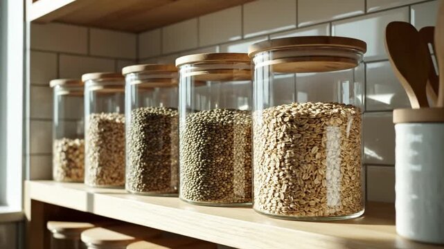Organized Pantry Shelves With Glass Jars Filled With Grains And Seeds