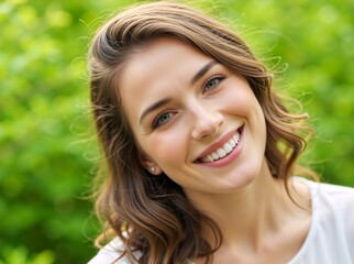 Naklejka premium Portrait of a happy young woman smiling with perfect teeth. Close up of an attractive female face with natural skin outdoors. Green blurred background