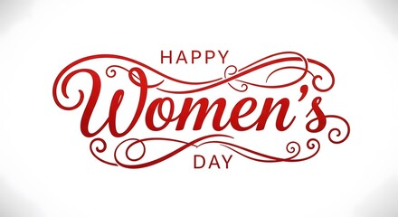 Happy women's day celebration logo with red text and decorative swirls