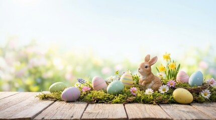Fototapeta premium Happy easter 2026 celebration banner with pastel wicker eggs and bunny in clean april nature environment