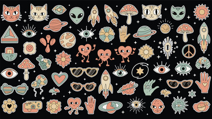 Naklejka premium Large collection of retro style stickers featuring whimsical icons like cats, aliens, mushrooms, hearts, and planetary bodies.