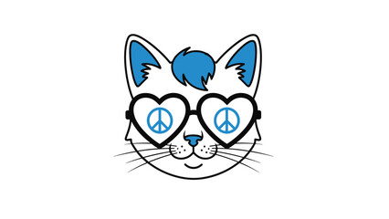 Fototapeta premium Quirky illustration of a white cat head wearing heart-shaped sunglasses that feature blue peace sign symbols on the lenses.