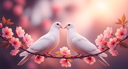 Fototapeta premium Two white doves perched on a blooming cherry blossom branch