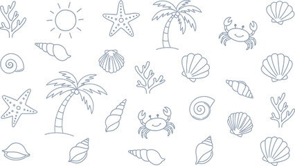 Charming Hand-Drawn Coastal Collection Seashells, Starfish, Palm Trees, and Crabs for Summer Vibes © Pronob Kumar Ray
