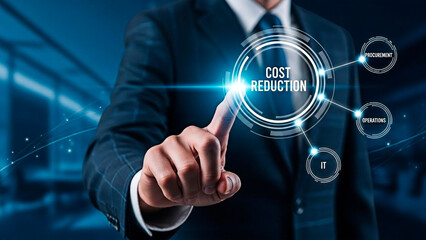 Fototapeta premium A businessman selecting cost reduction on a digital interface for efficient financial management