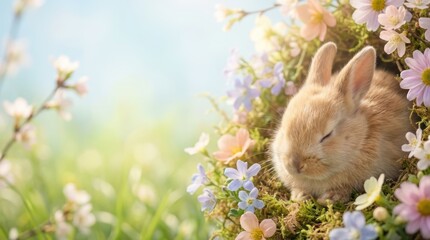 Fototapeta premium Happy easter celebration 2026 wicker basket with pastel eggs in blooming flowers april joyful concept